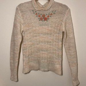 Women's Cottagecore Embroidered Pink and Green Jumper - Size S